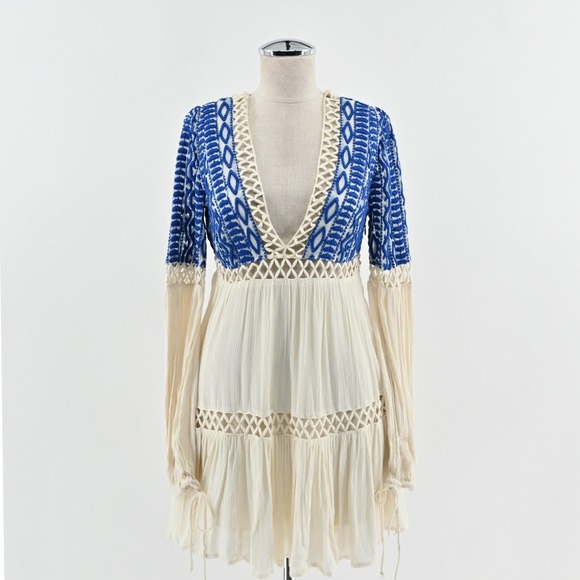 Free People Dresses & Skirts - Free People Dusk Till Dawn Dress Sz 2 Blue Embroidered Bohemian Festival‎ Tiered